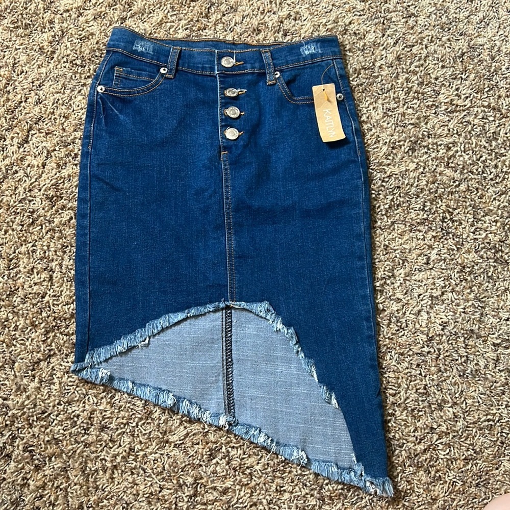 Kaitlyn Asymmetrical Indigo Skirt with Button Accents